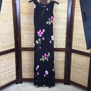 EUC Donna Ricco Black Maxi Dress with Pink Floral Design